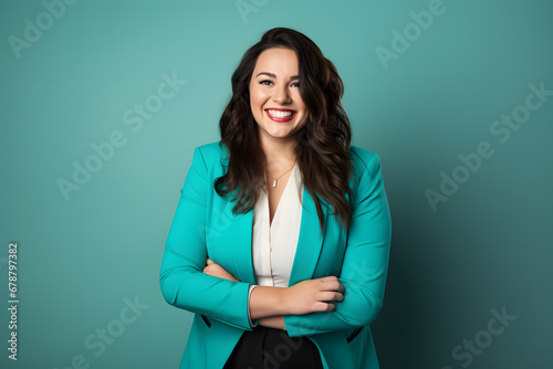 Slightly overweight businesswoman smiling confidently. Bold and vibrant clean minimalist studio portrait, copy space.