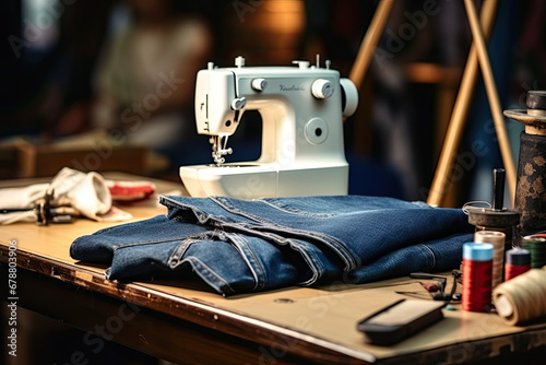 Handbags made from old jeans on a dressmaker table. DIY, denim upcycling, using old jeans, upcycle denim stuff. Sustainable lifestyle, hobby, crafting, recycling, zero waste concept