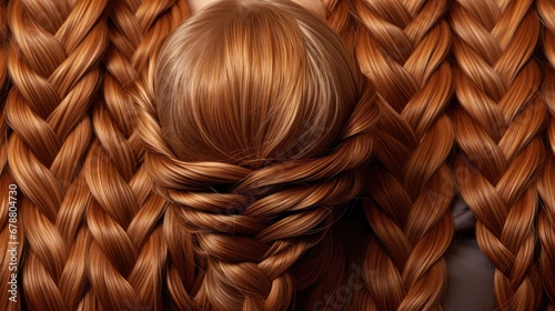  a close up of a woman's head with long red hair in a fishtail braid, as if it were braided into a bun or fishtail.