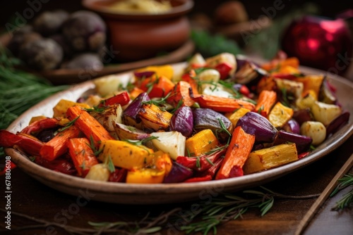 A plate of vegetables on a wooden table.