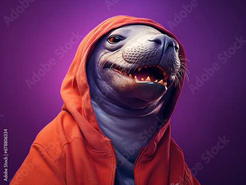 simpatica foca vestita alla moda su sfondo viola , felpa con cappuccio rossa, animale antropomorfo