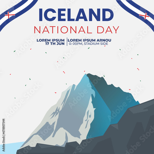 Iceland national day social media post with flag . Landmark of Ice Peak . Vector Illustration