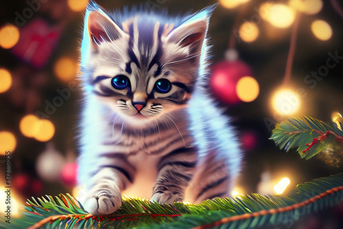 Um filhote de gato tigrado junto de uma árvore de Natal com luzes de Natal ao fundo.