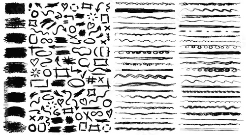 Big collection of black raw textured sketch elements on white background. Doodle rough grunge underline markers, text boxes, brush strokes, hand drawn frames, arrows, emphasis, doodle bubbles, etc.