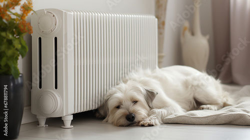 dog sleeps near a white radiator in the living room. ai generative