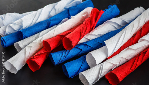 red white and blue crepe paper on black background