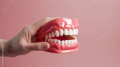 dentist's hand holds a mockup of a human jaw or oral cavity. ai generative