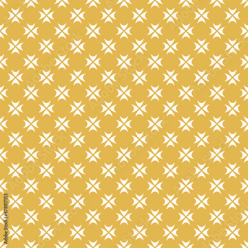 Exquisite floral geometric seamless pattern in yellow and beige color, reflecting a luxurious oriental style. Simple elegant vector background texture. Golden minimal geo ornament with small flowers