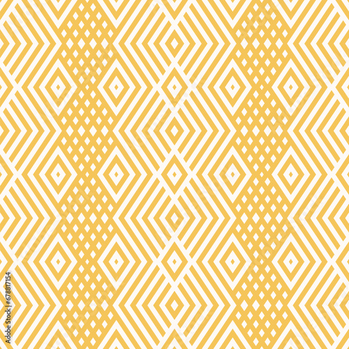 Abstract geometric pattern, seamless vector design with yellow chevron and rhombus shapes. Simple background texture for wallpaper, wrapping. Modern repeat ornament for print, decoration, textile