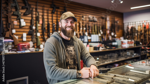 Portrait of smiling bearded adult man salesman of gun shop.