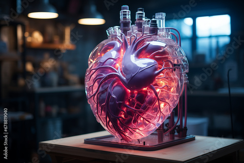Medicine 3d printer with heart for human. Concept Modern technologies transplant organ.