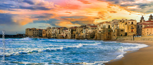 Italy. Sicily island scenic places. Cefalu over sunset - beautifl old town with great beaches