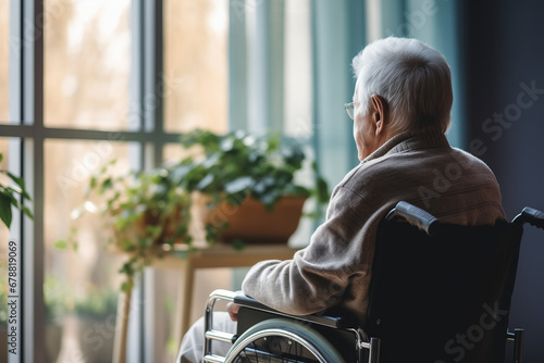 Back view Lonely sad elderly person in wheelchair in home nursing looking out window