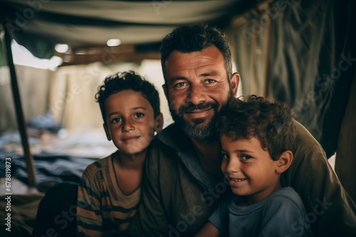 Portrait of refugee family with childs at border checkpoint of tent camp. Concept Illegal immigrant due to war, loss of home