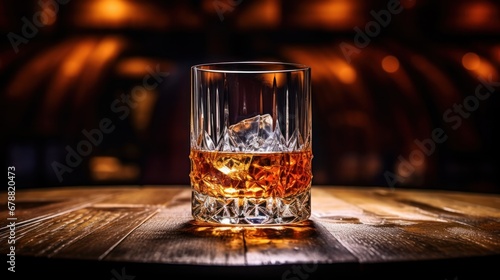 A Glass of Aged Whiskey in a Wooden Barrel with Copper Alambic in the Background
