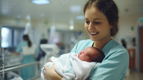 Obstetrician smile woman holding newborn baby in clinic, blurred background. Midwife doctor for help pregnancy
