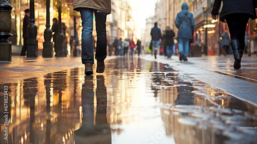 City street after rain, with rear view of people walking, reflection in water. Generative AI.