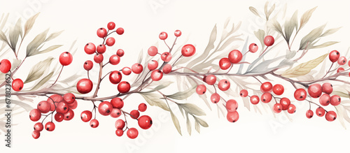  Winter botanical watercolor leaf branches background vector illustration. Hand painted watercolor foliage, berry, pine leaves, holly sprig. Design for poster, wallpaper, banner, card, decoration.
