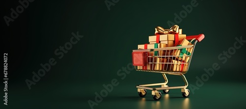 Generative AI, shopping cart with many gift boxes on red and green background with glittered bokeh, Christmas concept, discount and sale. 