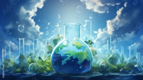Laboratory glassware with planet earth in water
