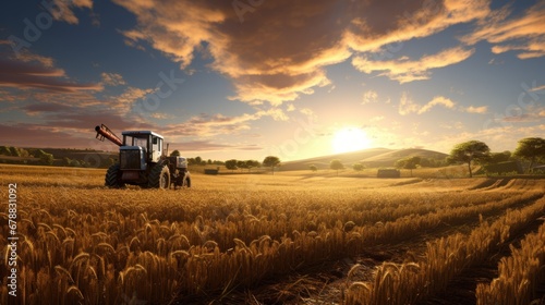 Combine harvester working on a wheat field at sunset