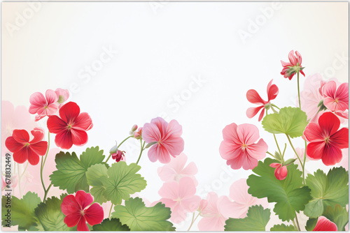 Red and pink geranium flowers with green leaves on a white background