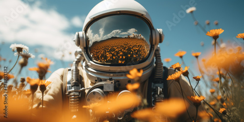 Astronaut im Blumenfeld
