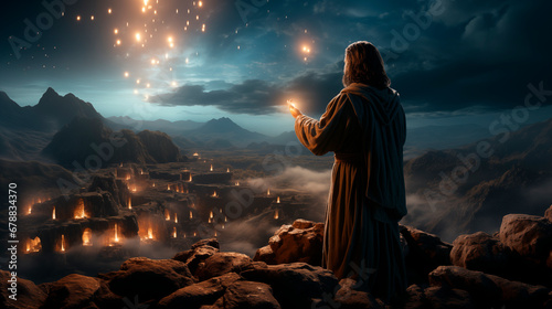 a man who looks like a prophet holds fire in his hand against the backdrop of a night city