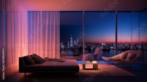 A minimalist penthouse with strategic neon backlighting behind sheer curtains, creating an aura of urban sophistication.