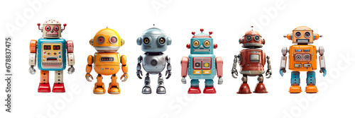 Collection set of vintage robots toys, miniature figurines isolated on panoramic transparent background, png file