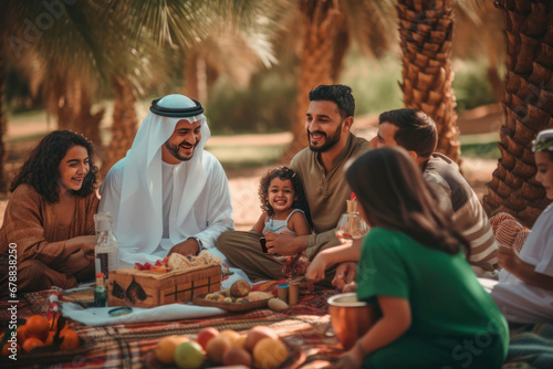 Desert Oasis Picnic: A Picturesque Snapshot of a Arab Family Enjoying Picnics in an Arid Landscape, Surrounded by Palms, Creating a Oasis Retreat in an Arabian Atmosphere.