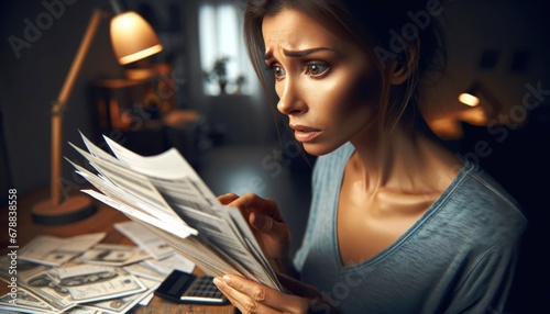 A distressed woman in her 30s examining a pile of bills, highlighting financial concern in a dim home setting