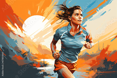 Female runner in dynamic abstract composition at sunset