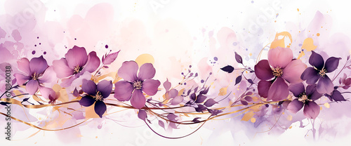 Flores pintura ilustración abstracta pétalos flor - Fondo acuarela - Dorado oro - Morado purpura