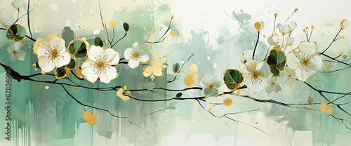 Flores pintura ilustración abstracta pétalos flor - Fondo acuarela - Dorado oro - Verde