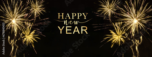Sylvester, new year, new year's eve 2024 background banner panorama long greeting card - Golden firework fireworks pyrotechnics on dark black night sky