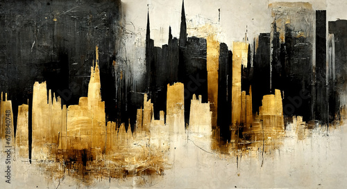 Generative AI, Black and golden watercolor abstract cityscape painted background. Ink black street graffiti art on a textured paper vintage background, washes and brush strokes