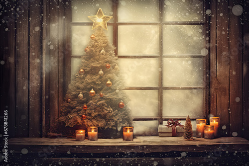 Fondo vintage de navidad con arbol decorado con bolas y estrella dorada, sobre mesa de madera rustica decorada con velas encendidas, sobre fondo de cristaleras y bokeh borroso