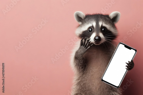 Shocked racoon holding smartphone with white mockup screen on solid color background. ai generative