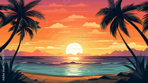 Tropical beach at sunset with palms. Vector illustration in cartoon style