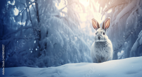 A white rabbit in a winter scenery standing on the right. Space for a text on the left side. Earthy colors