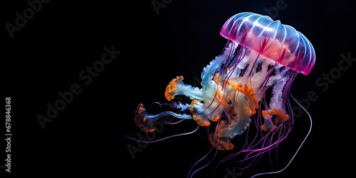 Glowing jellyfishes swim deep in dark blue ocean. Realistic Medusa neon jellyfish in sea. Black background with a space for text.