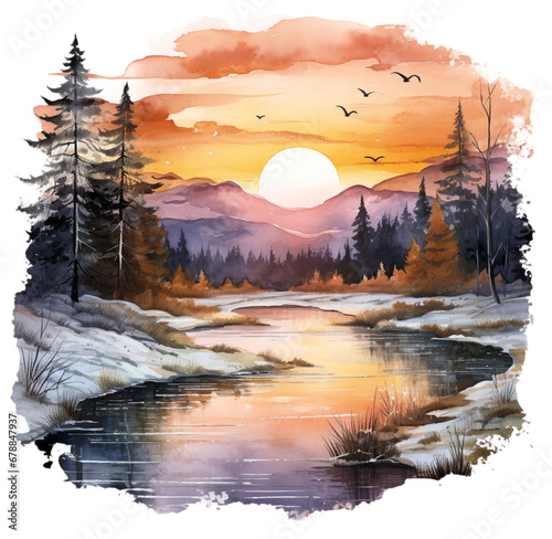 Watercolor sunset. Generative AI, png image.