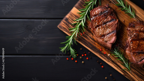 Food - Beef dinner - Delicious grilled stake served on a wooden table, fireplace on background. Big steak meat dish on a main course plate