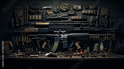 An arsenal of weapons, arranged in a strategic and organized manner.