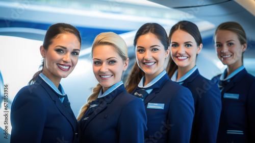 A group of professional flight attendants in blue uniforms, lined up