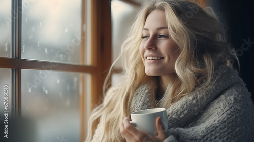  Happy blond woman with bunch hairstyle warming and cover knitted plaid enjoying in her coffee time by the window in cold winter day. Peace of mind and mental health.