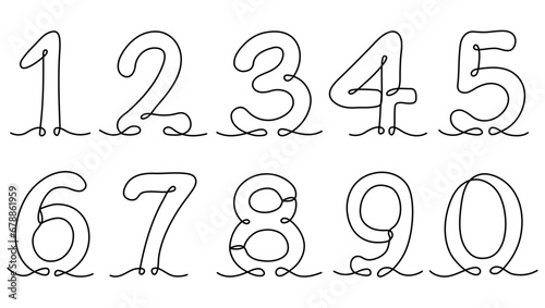 Numbers continuous line drawing. Arabic numerals symbols linear set. Counting hand drawn signs collection. Vector illustration isolated on white.