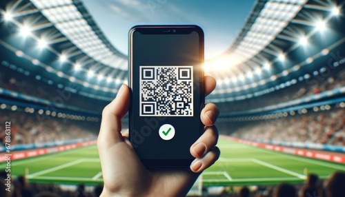 A woman's hand holding a smartphone with QR code and a green check mark on its screen at hotel hall for online tickets booking for stadium seat for soccer game reservation