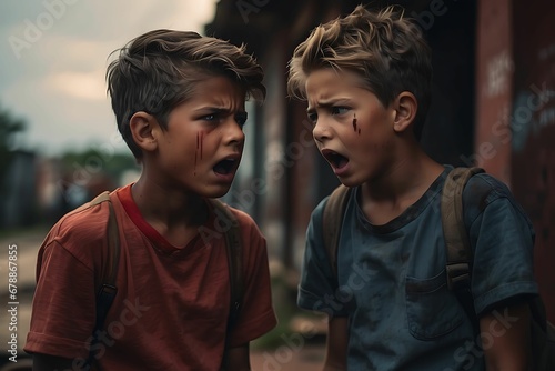 Two boys arguing each other in angry mood, conflict, disagreement, argument, anger, boys, children, emotions, frustration, dispute, confrontation, temper, upset, aggression, hostility, quarrel